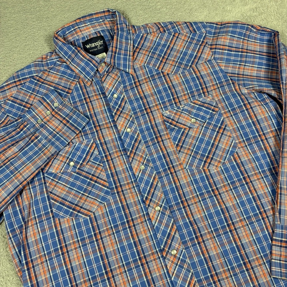 Wrangler Pearl Snap Western Shirt Mens XL Plaid Blue Orange Long Sleeve